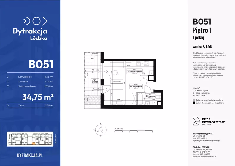 1 pokój, mieszkanie 34,75 m², piętro 1, oferta nr B051, Dyfrakcja Łódzka, Łódź, Widzew, ul. Wodna 3