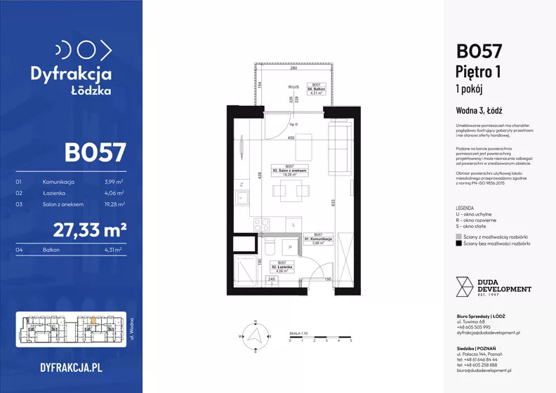 1 pokój, mieszkanie 27,33 m², piętro 1, oferta nr B057, Dyfrakcja Łódzka, Łódź, Widzew, ul. Wodna 3