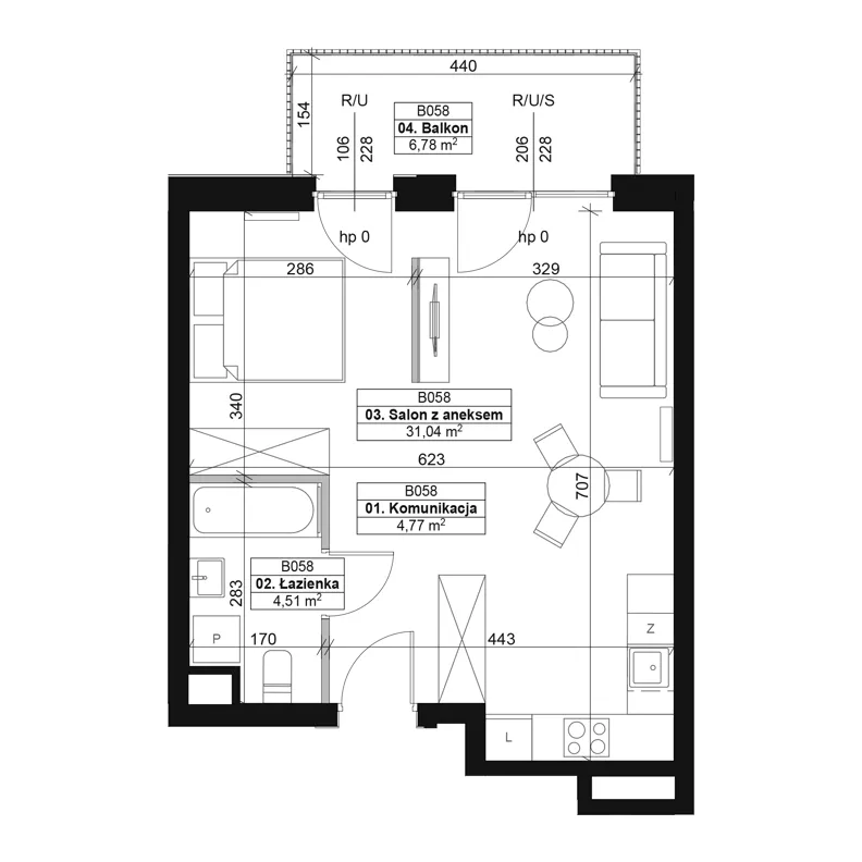 1 pokój, mieszkanie 40,32 m², piętro 1, oferta nr B058, Dyfrakcja Łódzka, Łódź, Widzew, ul. Wodna 3