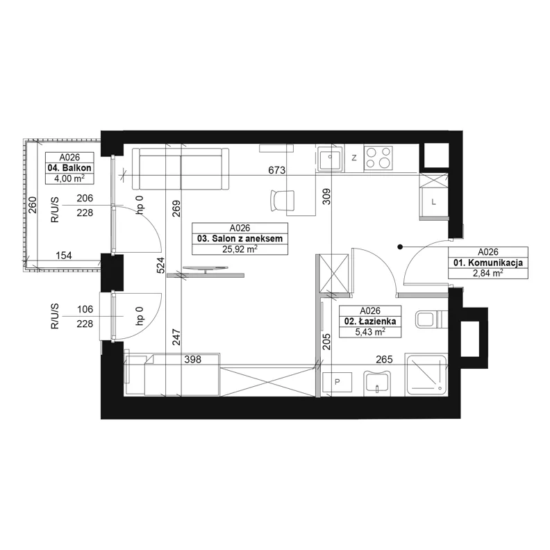 1 pokój, mieszkanie 34,19 m², piętro 3, oferta nr A026, Dyfrakcja Łódzka, Łódź, Widzew, ul. Wodna 3