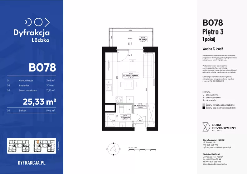 1 pokój, mieszkanie 25,33 m², piętro 3, oferta nr B078, Dyfrakcja Łódzka, Łódź, Widzew, ul. Wodna 3