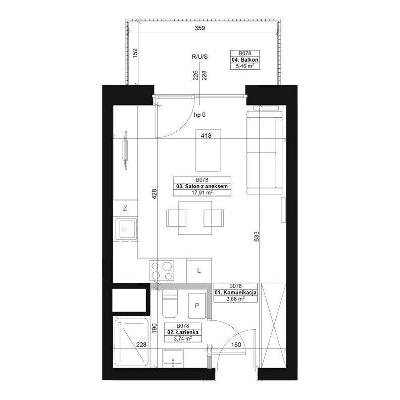 1 pokój, mieszkanie 25,33 m², piętro 3, oferta nr B078, Dyfrakcja Łódzka, Łódź, Widzew, ul. Wodna 3