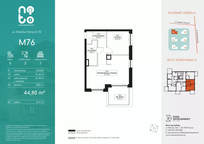 2 pokoje, mieszkanie 44,80 m², piętro 3, oferta nr E.M76, No to Naramowice, Poznań, Naramowice, Naramowice, ul. Maków Polnych