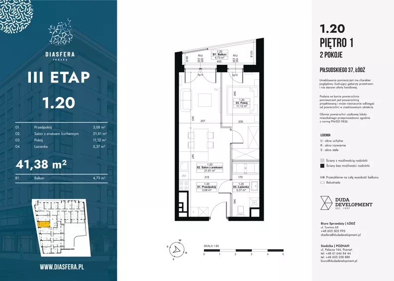 2 pokoje, mieszkanie 41,38 m², piętro 1, oferta nr 1.20, Diasfera III, Łódź, Śródmieście, al. Piłsudskiego 37