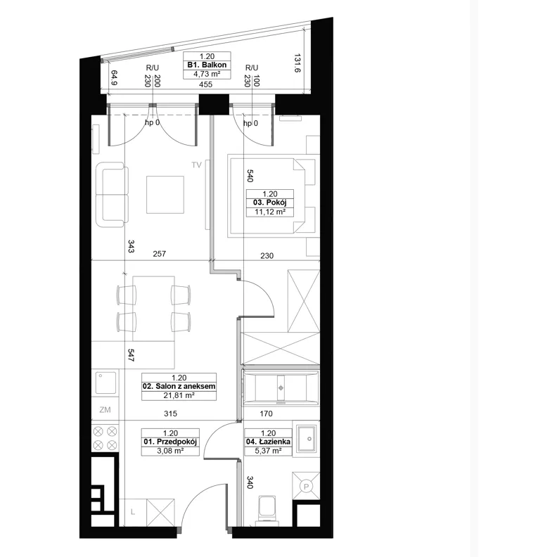 2 pokoje, mieszkanie 41,38 m², piętro 1, oferta nr 1.20, Diasfera III, Łódź, Śródmieście, al. Piłsudskiego 37