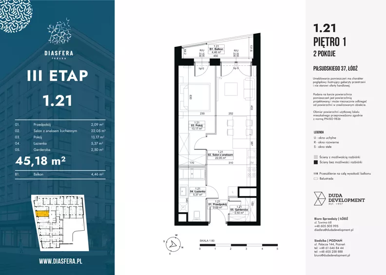 2 pokoje, mieszkanie 45,18 m², piętro 1, oferta nr 1.21, Diasfera III, Łódź, Śródmieście, al. Piłsudskiego 37