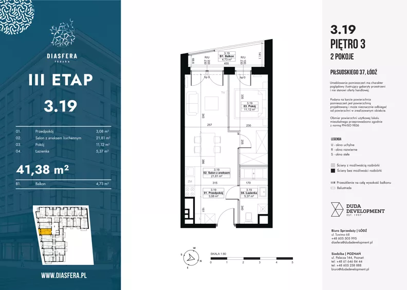 2 pokoje, mieszkanie 41,38 m², piętro 3, oferta nr 3.19, Diasfera III, Łódź, Śródmieście, al. Piłsudskiego 37