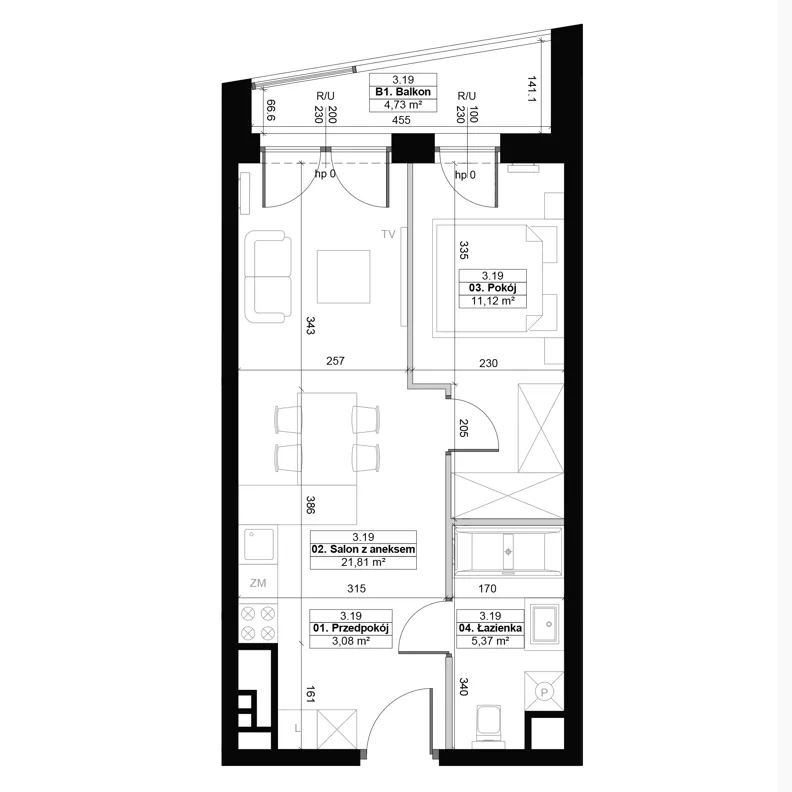 2 pokoje, mieszkanie 41,38 m², piętro 3, oferta nr 3.19, Diasfera III, Łódź, Śródmieście, al. Piłsudskiego 37