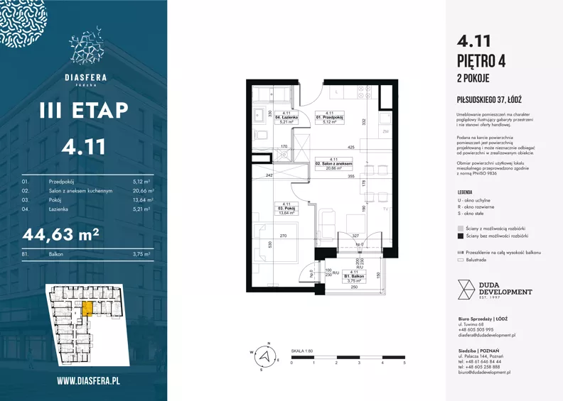 2 pokoje, mieszkanie 44,63 m², piętro 4, oferta nr 4.11, Diasfera III, Łódź, Śródmieście, al. Piłsudskiego 37