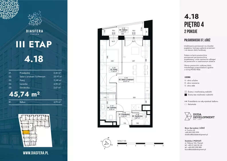 2 pokoje, mieszkanie 45,74 m², piętro 4, oferta nr 4.18, Diasfera III, Łódź, Śródmieście, al. Piłsudskiego 37