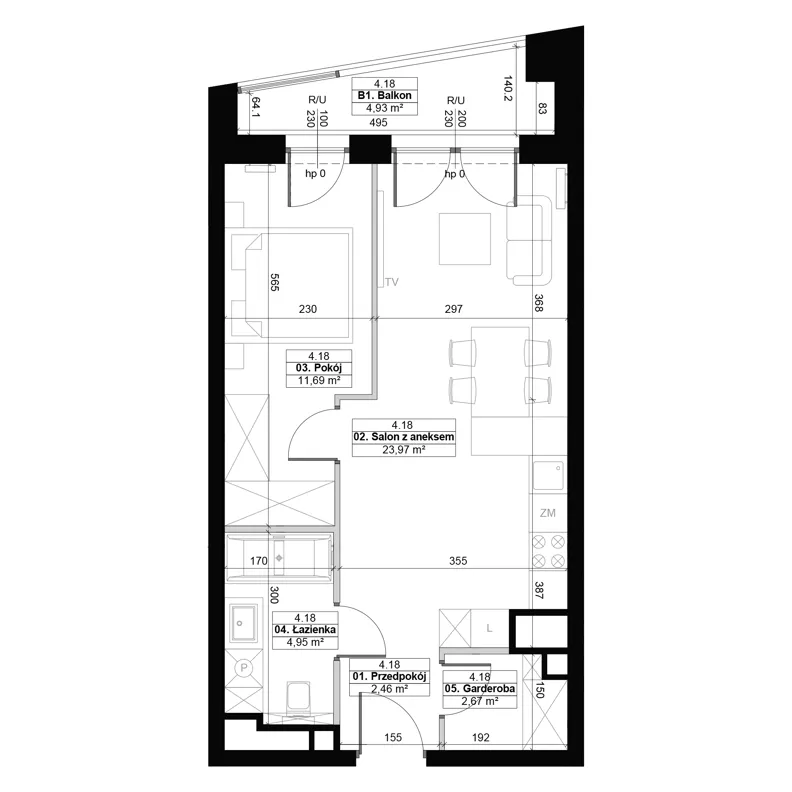 2 pokoje, mieszkanie 45,74 m², piętro 4, oferta nr 4.18, Diasfera III, Łódź, Śródmieście, al. Piłsudskiego 37