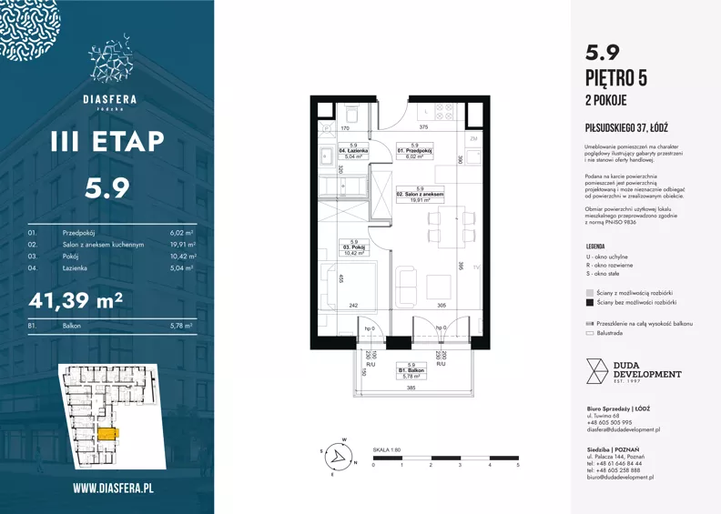 2 pokoje, mieszkanie 41,39 m², piętro 5, oferta nr 5.9, Diasfera III, Łódź, Śródmieście, al. Piłsudskiego 37