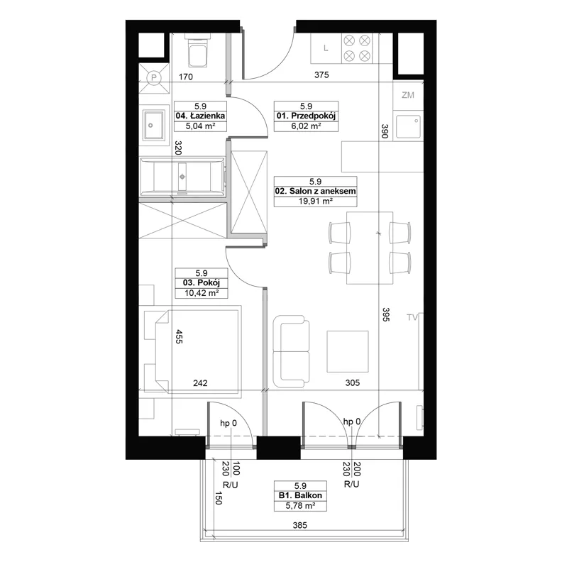 2 pokoje, mieszkanie 41,39 m², piętro 5, oferta nr 5.9, Diasfera III, Łódź, Śródmieście, al. Piłsudskiego 37