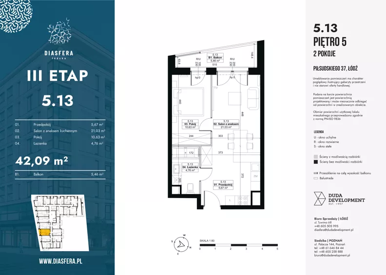 2 pokoje, mieszkanie 42,09 m², piętro 5, oferta nr 5.13, Diasfera III, Łódź, Śródmieście, al. Piłsudskiego 37