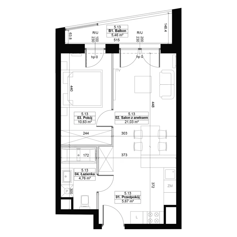 2 pokoje, mieszkanie 42,09 m², piętro 5, oferta nr 5.13, Diasfera III, Łódź, Śródmieście, al. Piłsudskiego 37