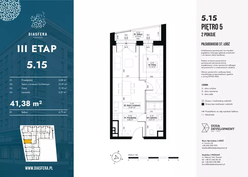 2 pokoje, mieszkanie 41,38 m², piętro 5, oferta nr 5.15, Diasfera III, Łódź, Śródmieście, al. Piłsudskiego 37