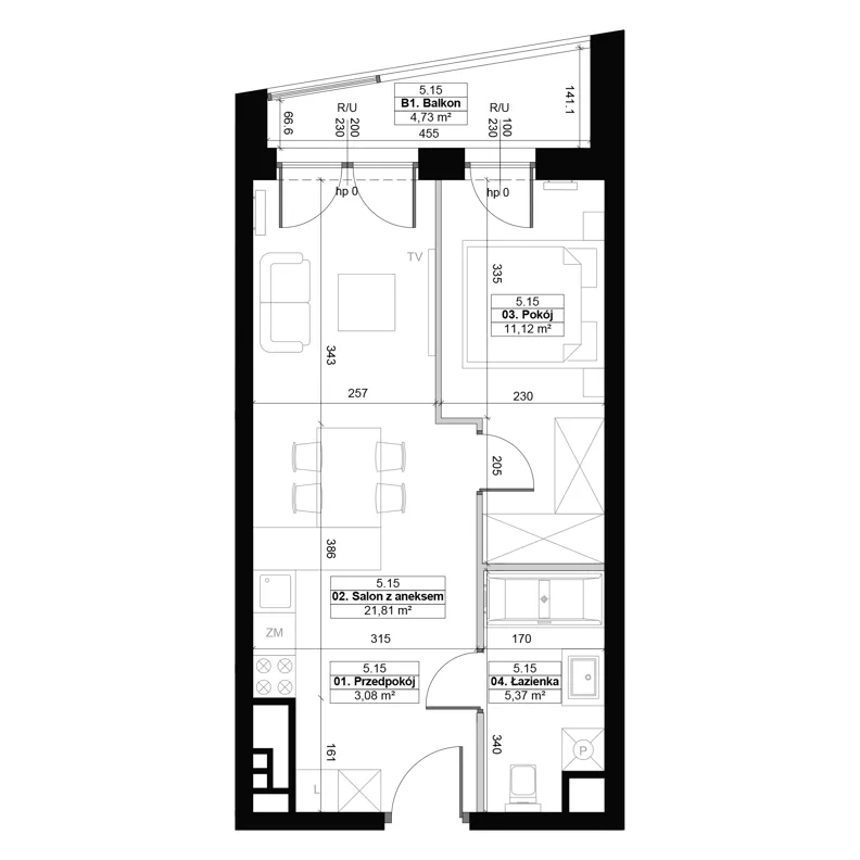 2 pokoje, mieszkanie 41,38 m², piętro 5, oferta nr 5.15, Diasfera III, Łódź, Śródmieście, al. Piłsudskiego 37