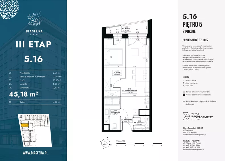 2 pokoje, mieszkanie 45,18 m², piętro 5, oferta nr 5.16, Diasfera III, Łódź, Śródmieście, al. Piłsudskiego 37