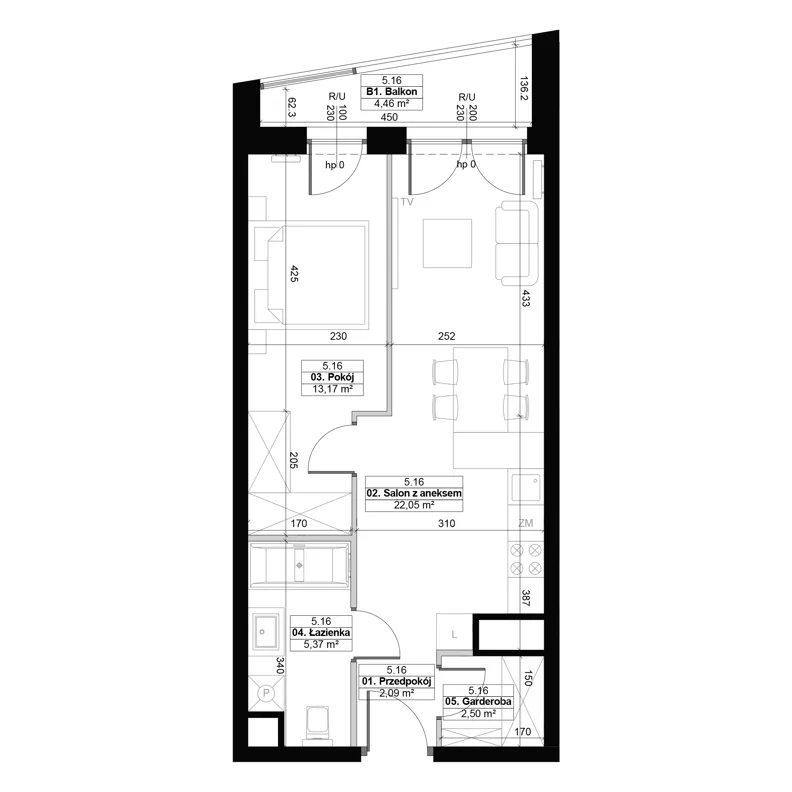 2 pokoje, mieszkanie 45,18 m², piętro 5, oferta nr 5.16, Diasfera III, Łódź, Śródmieście, al. Piłsudskiego 37