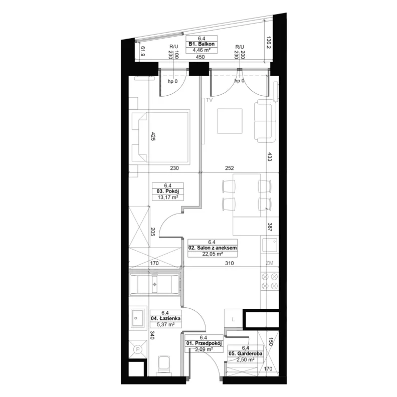 2 pokoje, mieszkanie 45,18 m², piętro 6, oferta nr 6.4, Diasfera III, Łódź, Śródmieście, al. Piłsudskiego 37