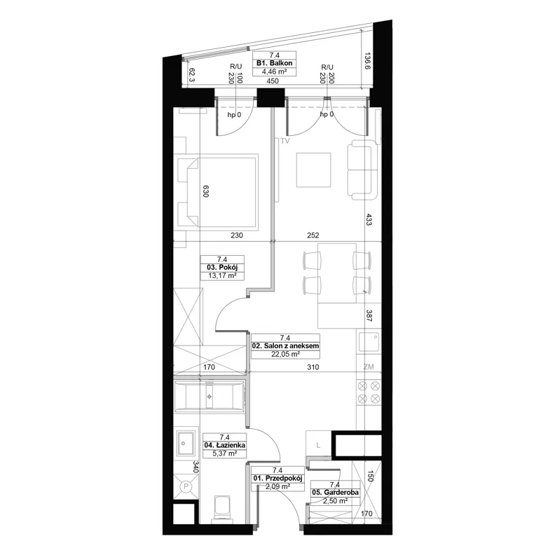 2 pokoje, mieszkanie 45,18 m², piętro 7, oferta nr 7.4, Diasfera III, Łódź, Śródmieście, al. Piłsudskiego 37