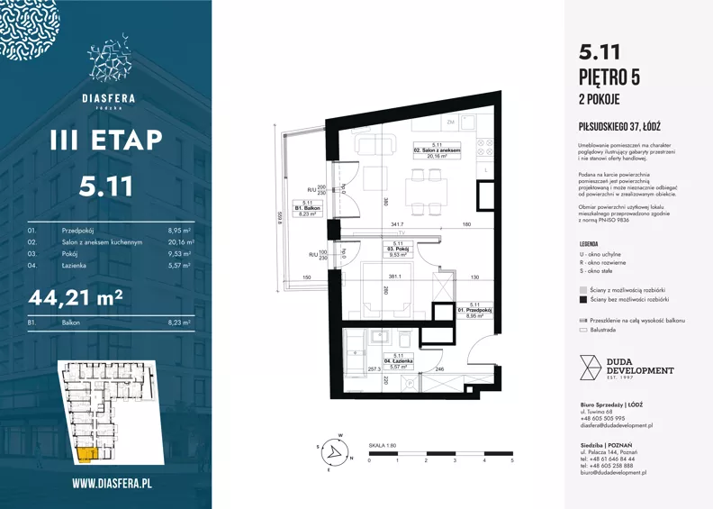 2 pokoje, mieszkanie 44,21 m², piętro 5, oferta nr 5.11, Diasfera III, Łódź, Śródmieście, al. Piłsudskiego 37