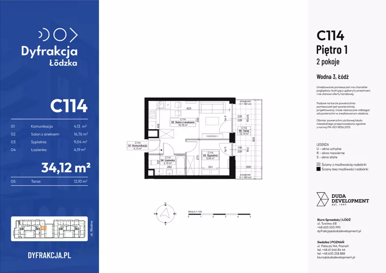 2 pokoje, mieszkanie 34,11 m², piętro 1, oferta nr C114, Dyfrakcja Łódzka, Łódź, Widzew, ul. Wodna 3