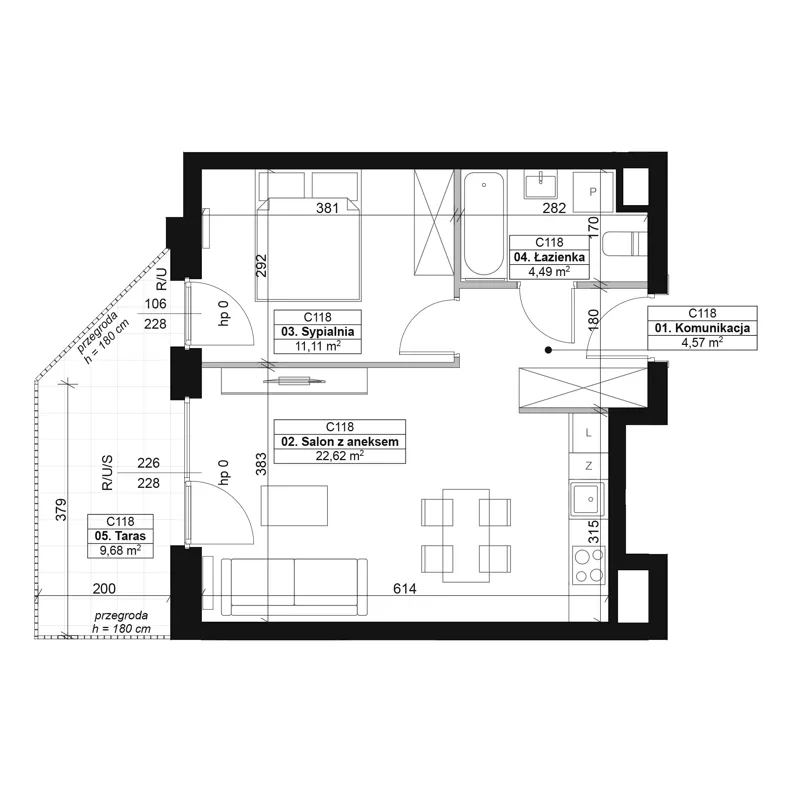 2 pokoje, mieszkanie 42,79 m², piętro 1, oferta nr C118, Dyfrakcja Łódzka, Łódź, Widzew, ul. Wodna 3