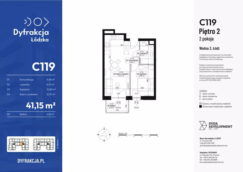 2 pokoje, mieszkanie 41,15 m², piętro 2, oferta nr C119, Dyfrakcja Łódzka, Łódź, Widzew, ul. Wodna 3