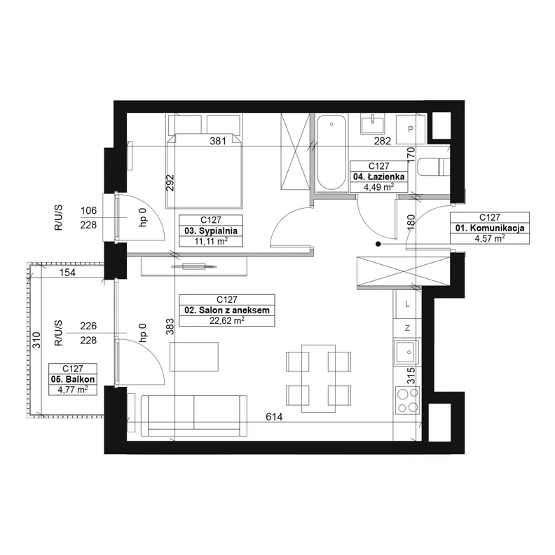 2 pokoje, mieszkanie 42,79 m², piętro 2, oferta nr C127, Dyfrakcja Łódzka, Łódź, Widzew, ul. Wodna 3