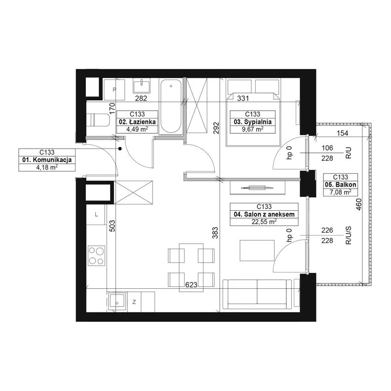 2 pokoje, mieszkanie 40,89 m², piętro 3, oferta nr C133, Dyfrakcja Łódzka, Łódź, Widzew, ul. Wodna 3