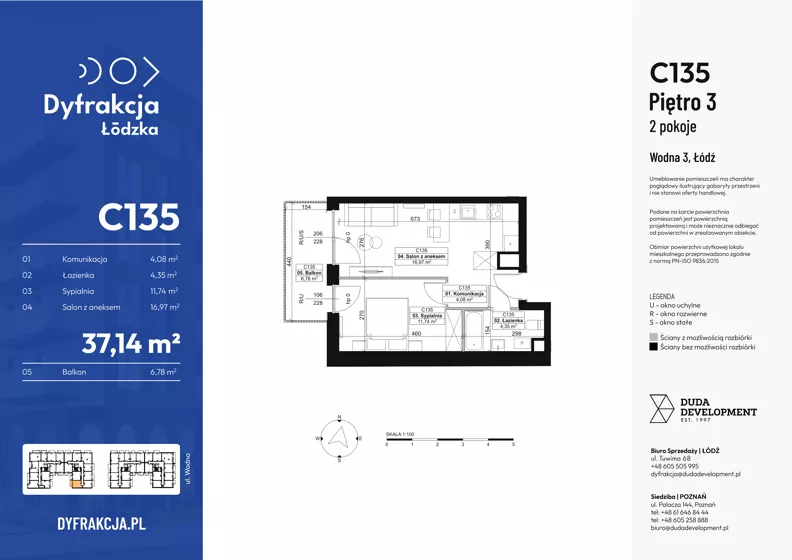 2 pokoje, mieszkanie 37,14 m², piętro 3, oferta nr C135, Dyfrakcja Łódzka, Łódź, Widzew, ul. Wodna 3