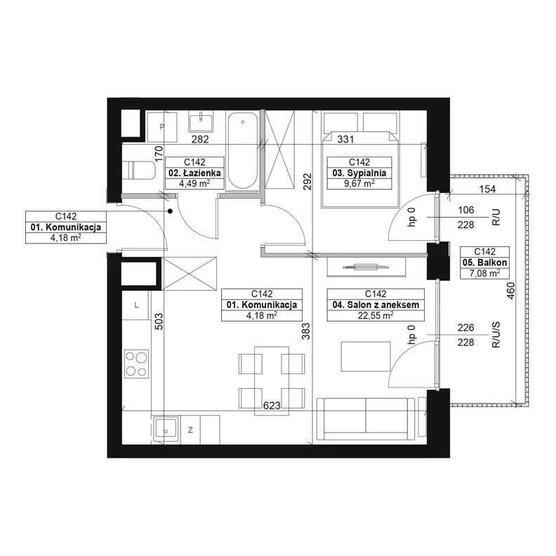 2 pokoje, mieszkanie 40,89 m², piętro 4, oferta nr C142, Dyfrakcja Łódzka, Łódź, Widzew, ul. Wodna 3