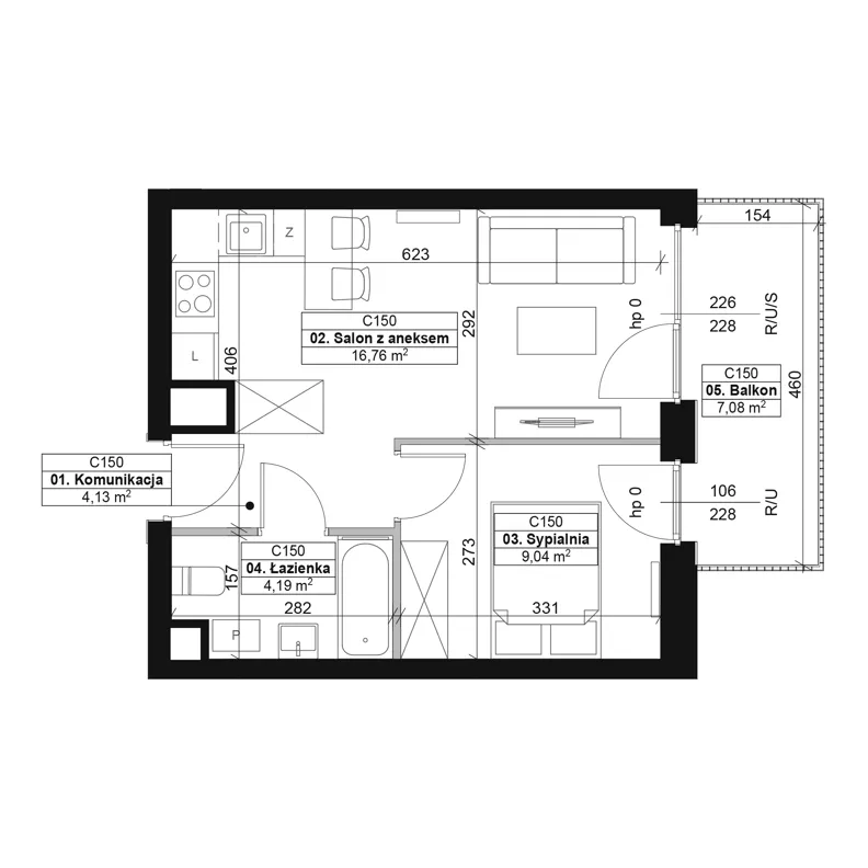 2 pokoje, mieszkanie 34,12 m², piętro 5, oferta nr C150, Dyfrakcja Łódzka, Łódź, Widzew, ul. Wodna 3