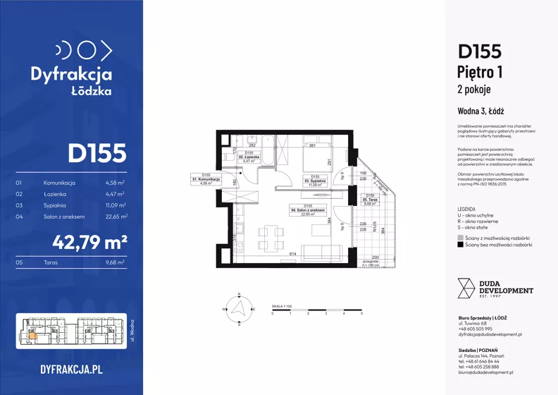 2 pokoje, mieszkanie 42,79 m², piętro 1, oferta nr D155, Dyfrakcja Łódzka, Łódź, Widzew, ul. Wodna 3