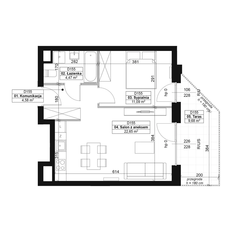 2 pokoje, mieszkanie 42,79 m², piętro 1, oferta nr D155, Dyfrakcja Łódzka, Łódź, Widzew, ul. Wodna 3