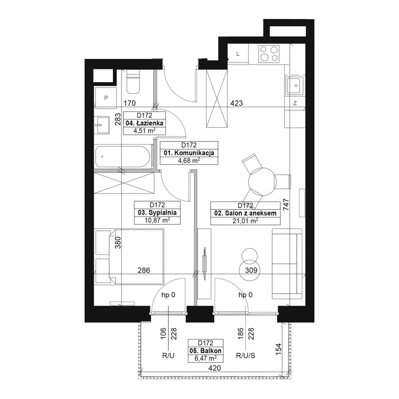 2 pokoje, mieszkanie 41,07 m², piętro 2, oferta nr D172, Dyfrakcja Łódzka, Łódź, Widzew, ul. Wodna 3