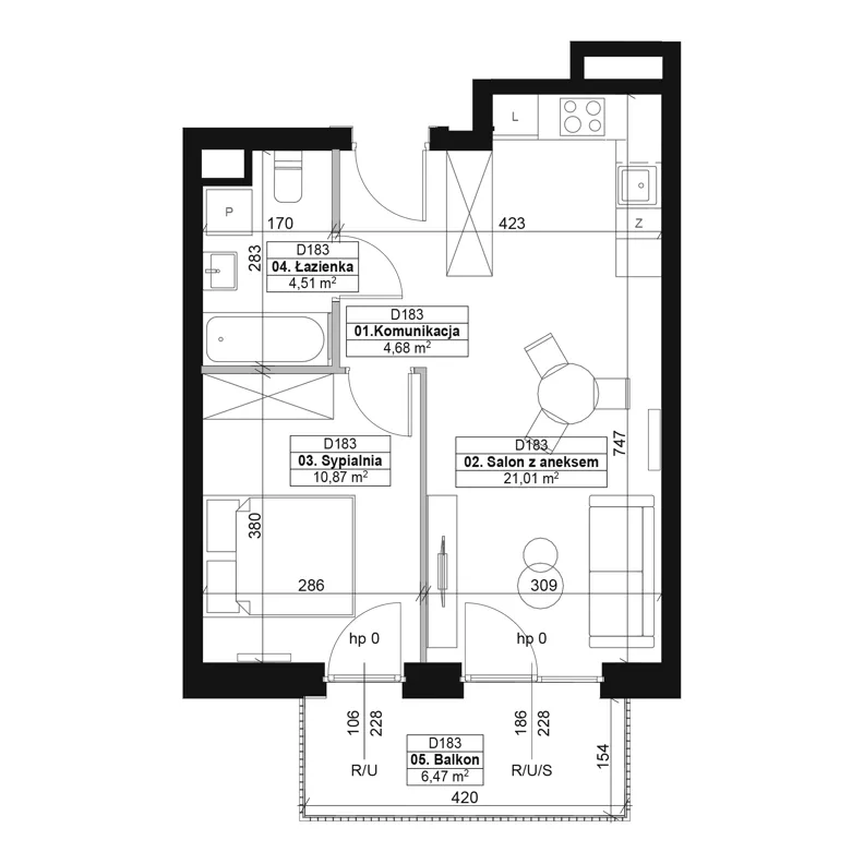 2 pokoje, mieszkanie 41,07 m², piętro 3, oferta nr D183, Dyfrakcja Łódzka, Łódź, Widzew, ul. Wodna 3