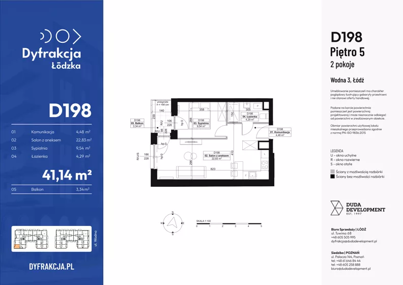 2 pokoje, mieszkanie 41,14 m², piętro 5, oferta nr D198, Dyfrakcja Łódzka, Łódź, Widzew, ul. Wodna 3