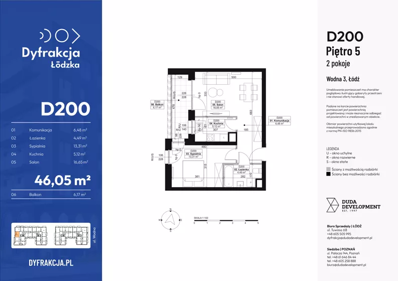 2 pokoje, mieszkanie 46,05 m², piętro 5, oferta nr D200, Dyfrakcja Łódzka, Łódź, Widzew, ul. Wodna 3