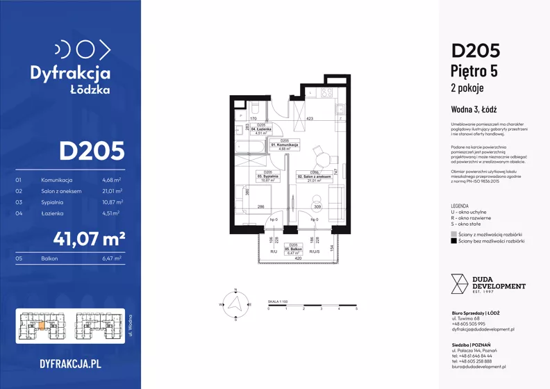 2 pokoje, mieszkanie 41,07 m², piętro 5, oferta nr D205, Dyfrakcja Łódzka, Łódź, Widzew, ul. Wodna 3