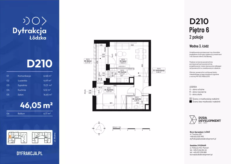 2 pokoje, mieszkanie 46,05 m², piętro 6, oferta nr D210, Dyfrakcja Łódzka, Łódź, Widzew, ul. Wodna 3