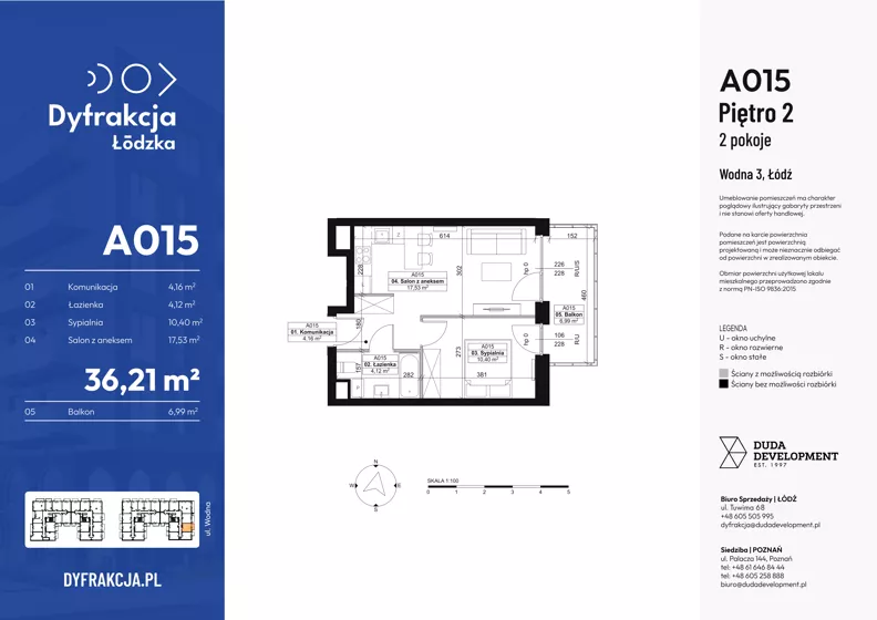 2 pokoje, mieszkanie 36,21 m², piętro 2, oferta nr A015, Dyfrakcja Łódzka, Łódź, Widzew, ul. Wodna 3
