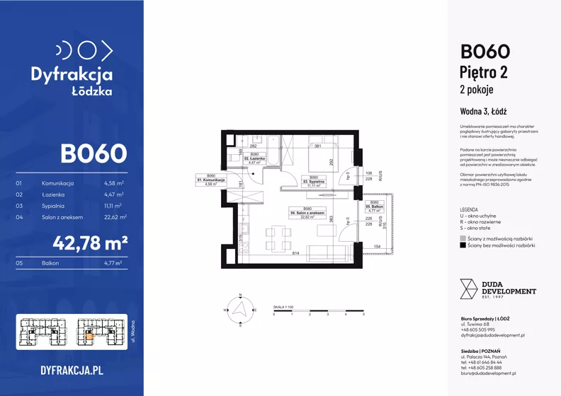 2 pokoje, mieszkanie 42,78 m², piętro 2, oferta nr B060, Dyfrakcja Łódzka, Łódź, Widzew, ul. Wodna 3