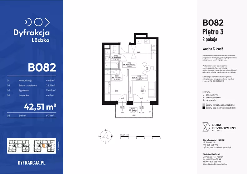 2 pokoje, mieszkanie 42,51 m², piętro 3, oferta nr B082, Dyfrakcja Łódzka, Łódź, Widzew, ul. Wodna 3