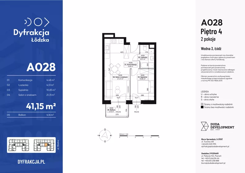 2 pokoje, mieszkanie 41,15 m², piętro 4, oferta nr A028, Dyfrakcja Łódzka, Łódź, Widzew, ul. Wodna 3