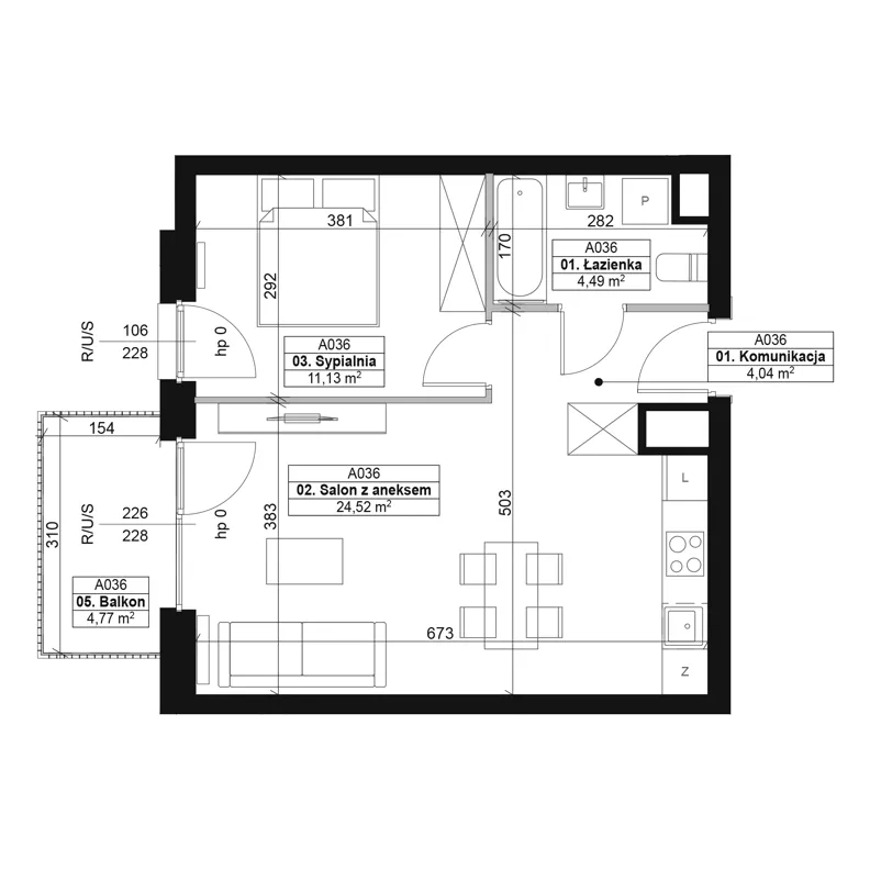 2 pokoje, mieszkanie 44,18 m², piętro 4, oferta nr A036, Dyfrakcja Łódzka, Łódź, Widzew, ul. Wodna 3