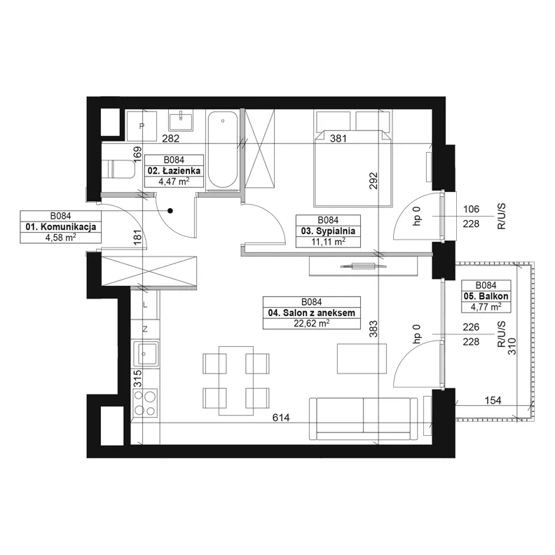 2 pokoje, mieszkanie 42,78 m², piętro 4, oferta nr B084, Dyfrakcja Łódzka, Łódź, Widzew, ul. Wodna 3