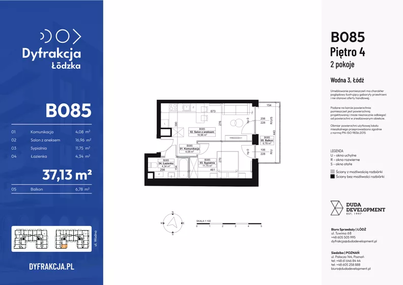 2 pokoje, mieszkanie 37,13 m², piętro 4, oferta nr B085, Dyfrakcja Łódzka, Łódź, Widzew, ul. Wodna 3