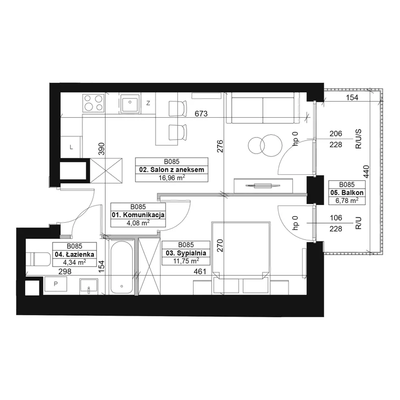 2 pokoje, mieszkanie 37,13 m², piętro 4, oferta nr B085, Dyfrakcja Łódzka, Łódź, Widzew, ul. Wodna 3